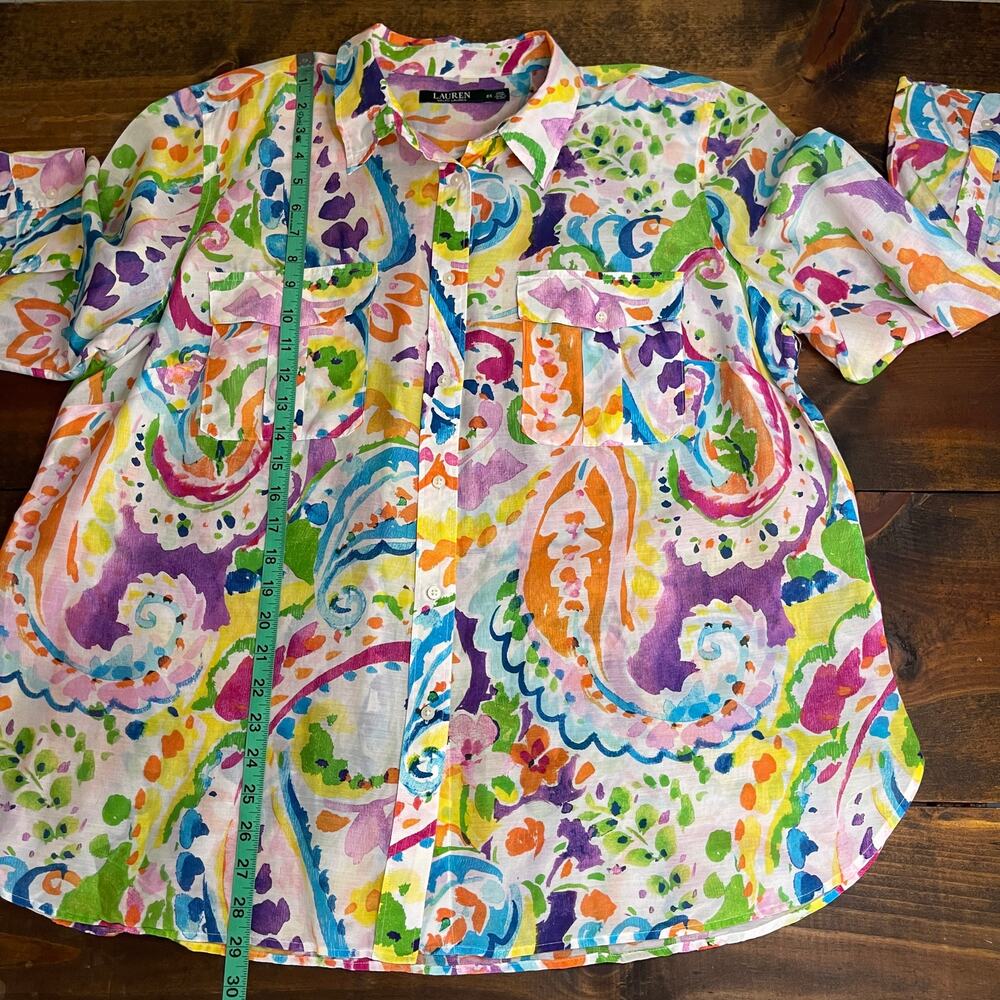 Lauren Ralph Lauren Watercolor Paisley Cotton Silk Button Front Shirt Women's 2X - Picture 7 of 8